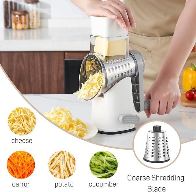 Weltonhm 4 in 1 Large Cheese Grater Hand Crank (White Grey 4 Graters) | Cheese Shredder Rotary and Slicer with 4 Stainless Steel Blades for Vegetables, Veggie and Cheese, Stronger Suction Base
