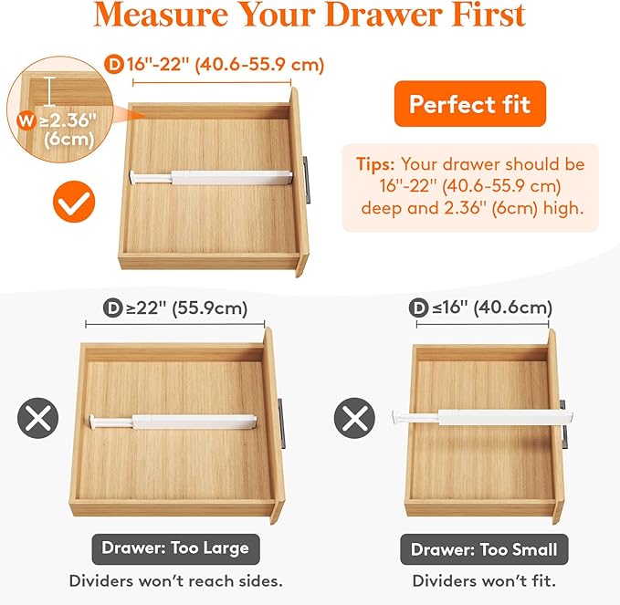 Lifewit 2.36" Upgrade Kitchen Drawer Dividers, Adjustable Drawer Organizer | 16"-22" Expandable White Drawer Separator for Clothes/Utensils, Dresser/Cabinet/Closet/Nursery Organization & Storage, 8 Pack