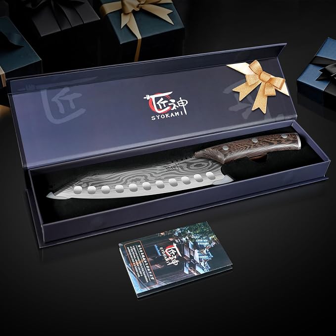 Japanese Kitchen Knife, 8.2 Inch Chef Knife, Carbon Steel Kiritsuke | Razor Sharp Santoku for Precision Cutting, Damascus Pattern, Full Tang Wood Handle, Housewarming Cooking Gifts