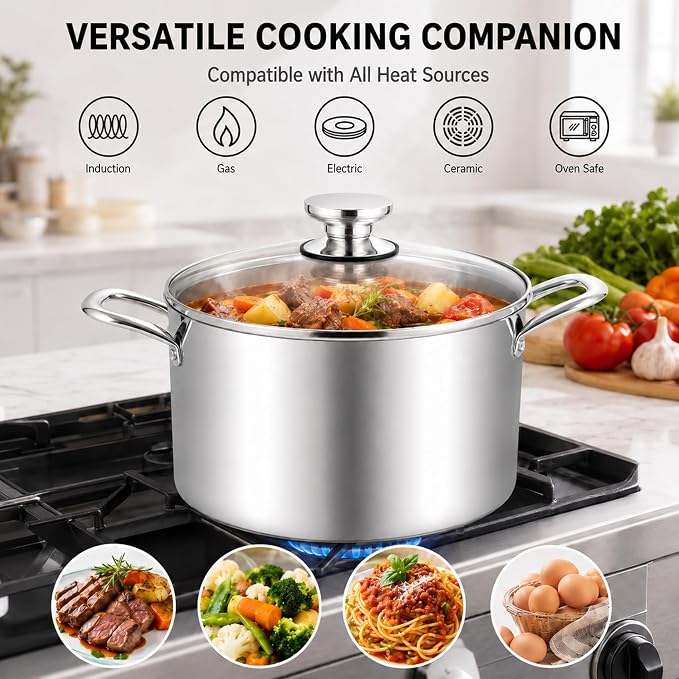 TeamFar 8 Quart Stock Pot, Tri-Ply Stainless Steel Pasta Pot with Lid | Cooking Broiling Eggs Veggies Soup, Tempered Glass Lid & Double Side Riveted Handles, Healthy & Heavy Duty, Dishwasher Safe
