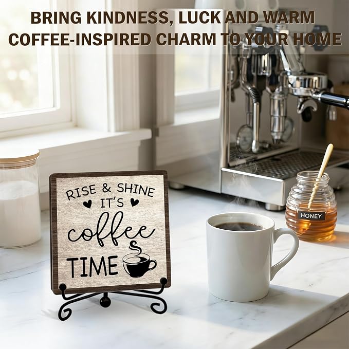 Farmhouse Coffee Bar Decor, 5"x5" Coffee Bar Sign | Rise & Shine It's Coffee Time Wood Plaque with Stand | Minimalism Gift for Home Kitchen Tabletop Desk - A10