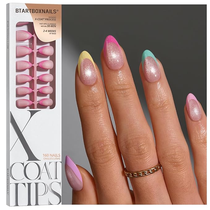 BTArtboxnails XCOATTIPS Pastel French Tip Press On Nails, S Almond, Cat Eye | Lamp-Curable 4-Week Wear, Salon Quality Value at Home, Natural Nail Look, Easy-to-Apply for Beginners, 160ct Nail Tips Only