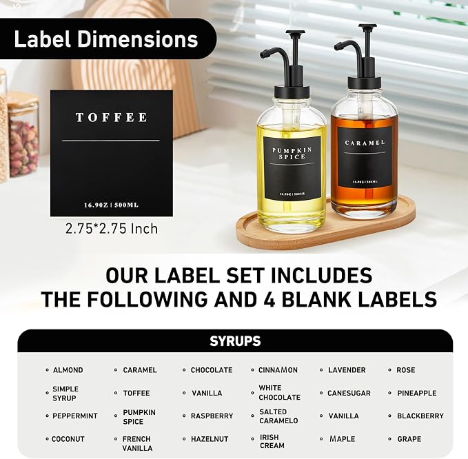 Coffee Syrup Dispenser for Coffee Bar with Black Upgraded Pump, 4 Pack | Coffee Syrup Pump Dispenser, Glass Syrup Bottle 16.9 oz 500 ml Syrup Dispensers, 28 Labels and 2 Bamboo Tray