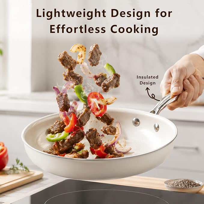 SAKAMOSH 8" Nonstick Ceramic Frying Pan, Small Pan Non Toxic, White | PTFE & PFAS & PFOA Free Ceramic Coating, Dishwasher/Oven Safe, Induction Compatible, suitable for all stovetops