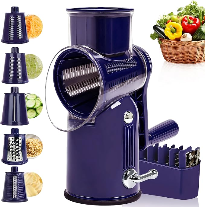 Rotary Cheese Grater with Handle, 5 Replaceable Blades(Purple) | Strong Suction Base, Round Food Slicer & Chopper for Kitchen Fruit Vegetables Nuts with Blade Storage Box