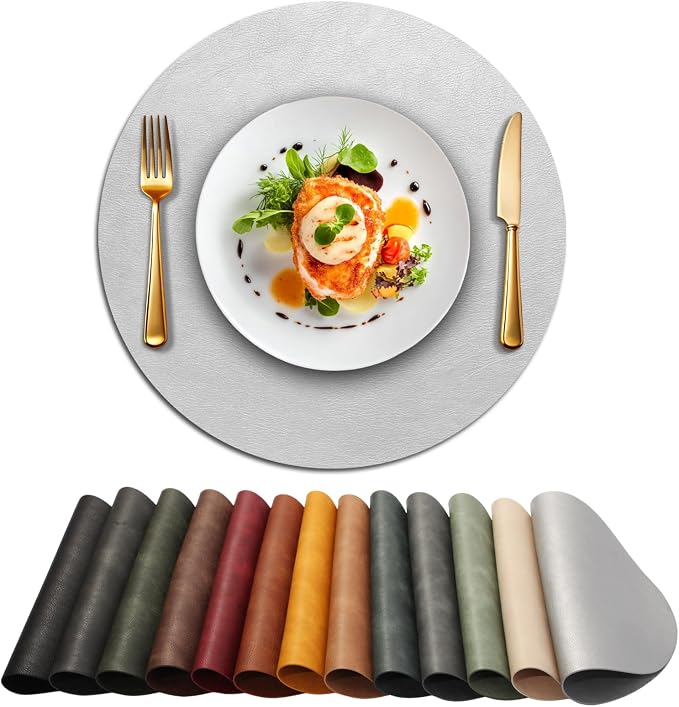 UnivoColors Placemats Round Faux Leather Placemats Set of 6-Waterproof-Wipe Clean-Heat Resistant-Anti Slip Dining Table Place Mats,Suitable for Indoor & Outdoor Use,15".Silver