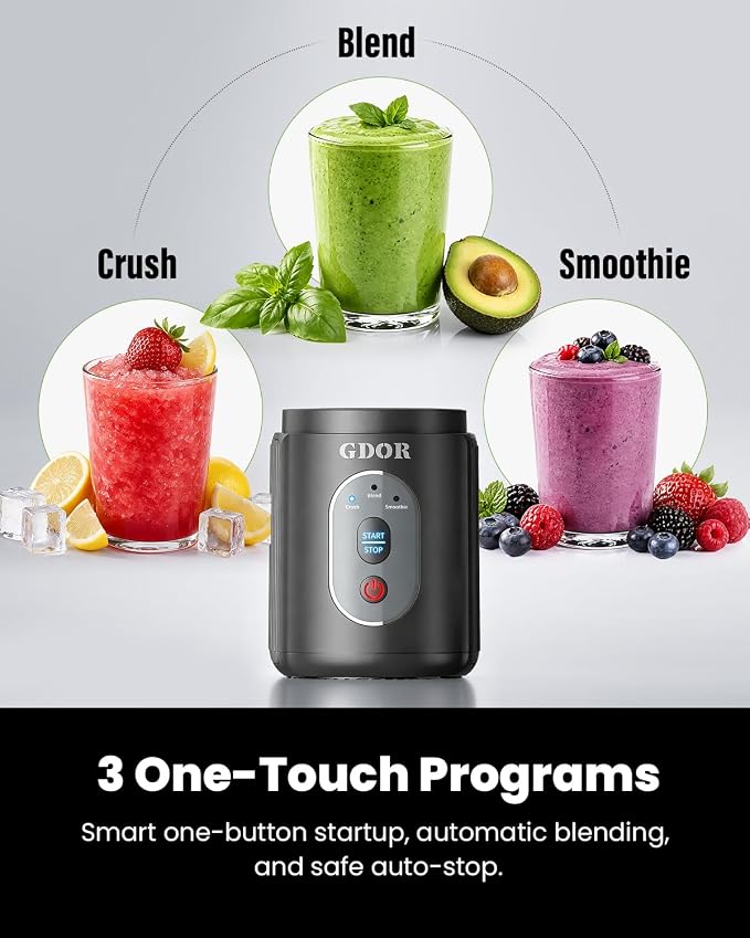 GDOR Portable Smoothie Blender, Twist & Go, Personal Blender Shakes and Smoothies, 3 Auto Programs, Ice Crush, 2x23 oz, Cordless, Dishwasher Safe, BPA-Free