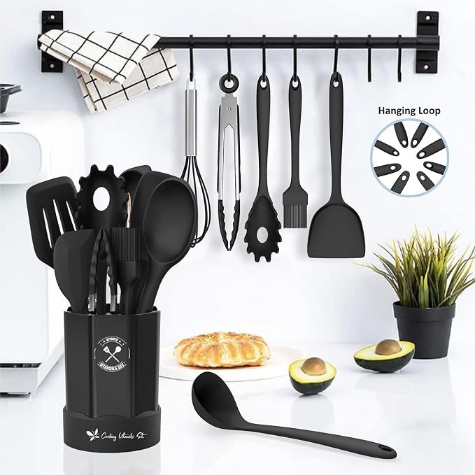 Silicone Kitchen Utensils Set, 16-Piece Silicone Cooking Utensils by Deedro | Heat Resistant Kitchen Tools Set with Holder, Nonstick Spatula Kitchen Gadgets for Cooking & Baking, Black