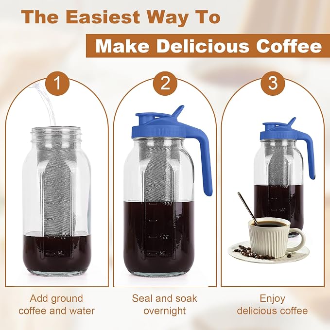Cold Brew Coffee Maker, 64 oz Mason Jar Pitcher with Stainless Steel Filter, Pour Spout Handle Lid, Heavy Duty Glass Airtight & Leak-Proof for Iced Coffee,Tea & Lemonade