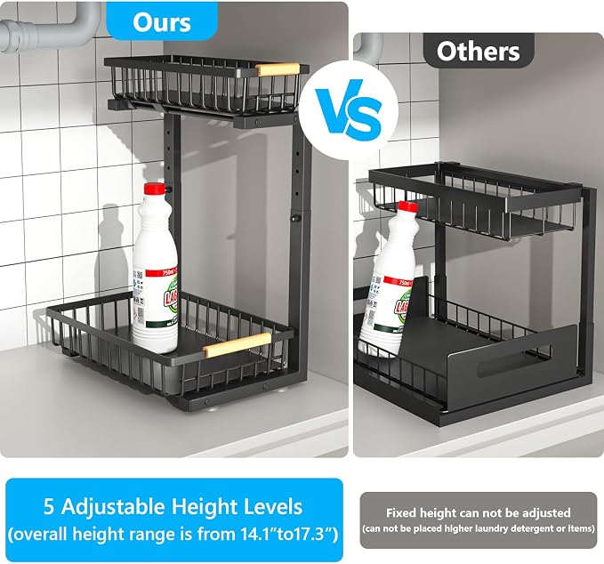Merrylun Under Sink Organizers, 5 Adjustable Height,Metal Pull Out Under Sink Organizers and Storage Shelves with Sliding Drawer, Black 1pack（Hight 13.6″-16.9″）