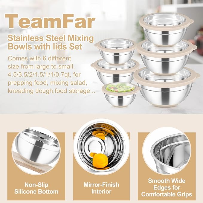 TeamFar Mixing Bowls with Clear Lids, Stainless Steel Salad Bowls, Khaki | Metal Nesting Bowls with Non-Slip Bottom for Flour Fruit, Baking Mixing Serving Prepping, 6PCS, 4.6/ 3.5/ 2/ 1.5/ 1/ 0.7 QT