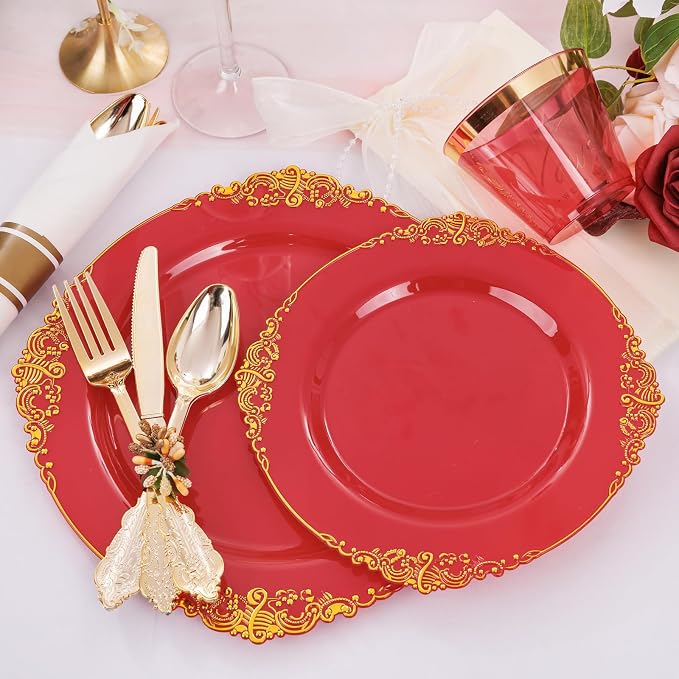 Nervure 175Pcs Red Plastic Plates, Disposable Party Plates for 25 Guests | 25 7.5" Dessert & 25 10.25" Dinner Plastic Plates, 75 Gold Cutlery, 25 9oz Cups, 25 Napkin for Wedding & Party, Heavy-duty