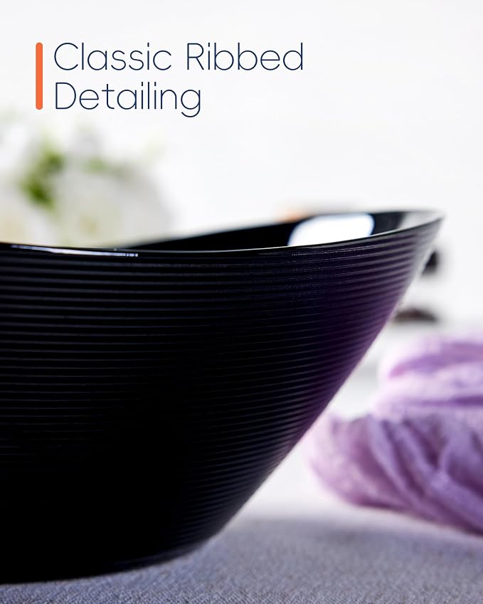 66 OZ Salad Bowl Set of 2, 10 Inch Black Opal Glass Oval | Ultra-thin lightweight serving dish with microwave & dishwasher safe design, perfect for salad, fruit and kitchen use