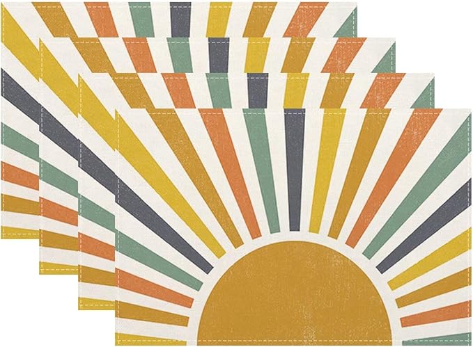 Summer Boho Placemats Set of 4, Yellow Stripes Sunshine Decorative Table Mat 12 x 18 Inch Heat Resistant Non Slip Line Fabric Rainbow Sun Place mat for Holiday Party Kitchen Dining Decor