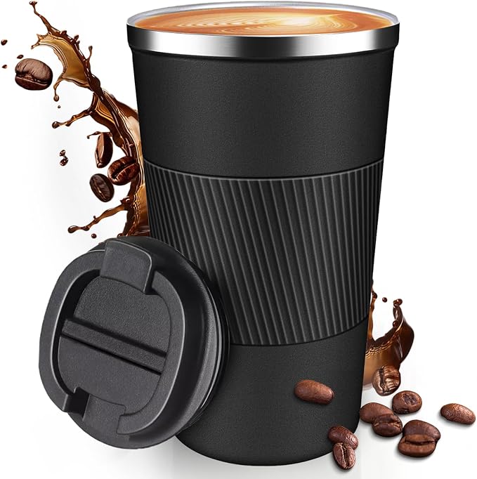 17OZ Travel Coffee Mug Insulated Coffee Cup with Spill Leak Proof Lid, Portable Stainless Steel Tumbler Reusable Hot and Cold Water Mug for Car, Daily, Camping- Black