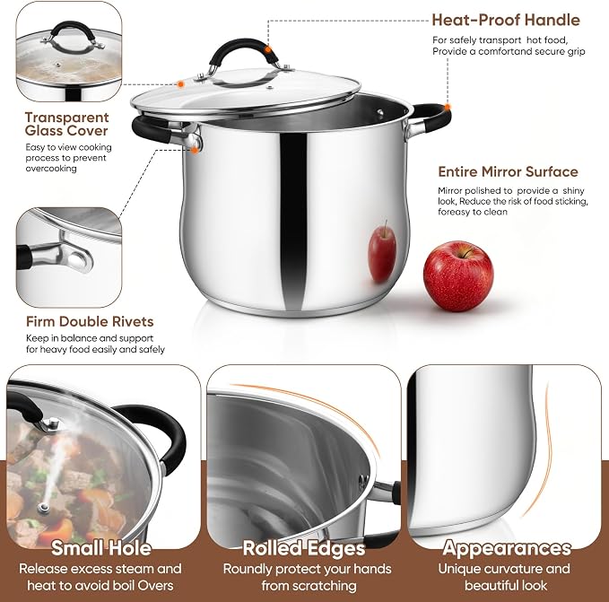 P&P CHEF 12 Quart Stainless Steel Stock Pot, Cooking Pot with Visible Lid | For Soup Pasta, Tri-Ply Bottom & Dual Heatproof Handles, For Induction Gas All Stoves, Non-Toxic & Dishwasher Safe