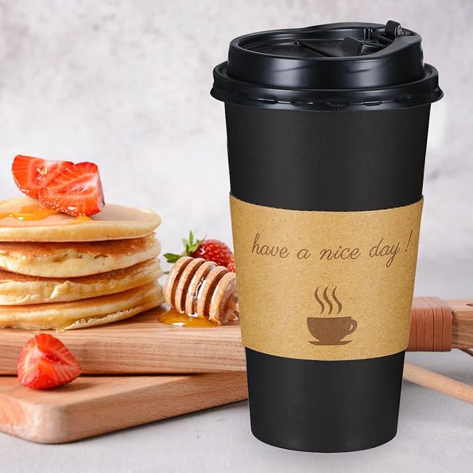 Lamosi 20 oz Coffee Cups 50 Pack, Disposable To Go Paper Cups with Lid | Hot Insulated Cups with Lids, Stir Sticks and Sleeves for Cold Drinks, Tea and Latte, Cafe, Travel and Home Use