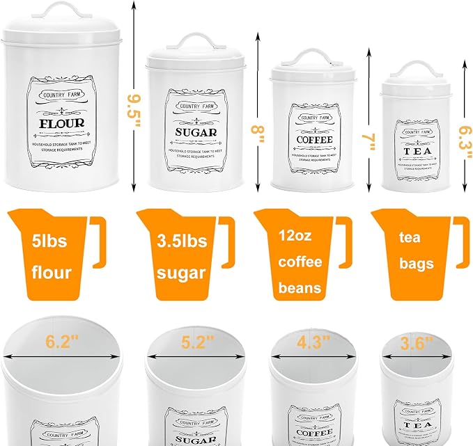 Set of 4 Kitchen Canisters with Airtight Lids, Coffee Tea Sugar Flour Tin Jars Nesting Food Storage Container Set for Farmhouse Decor, 4 Sizes