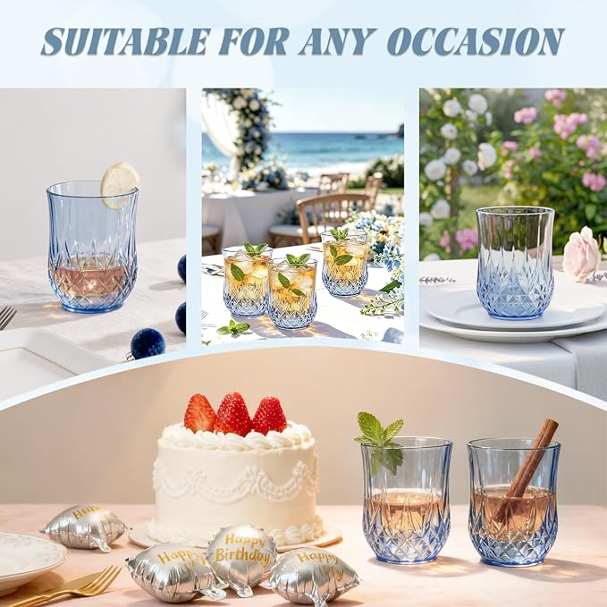 12 Pack Plastic Stemless Wine Glasses, 12oz Unbreakable Wine Cups | Reusable Fancy Vintage Drinking Glass Bulk for Cocktail, Whiskey, Juice, Elegant Decor for Wedding, Party & Holiday Events