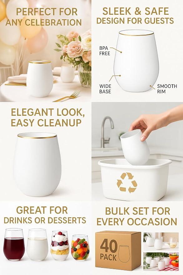 Oojami 40 Pack Disposable Plastic Wine Glasses 12 Oz Stemless Gold Rim Cups | BPA-Free Unbreakable Cocktail Champagne Whiskey Cups, White Matte, for Wedding Party Bars Home Office, Oojami Fancy Drinkware
