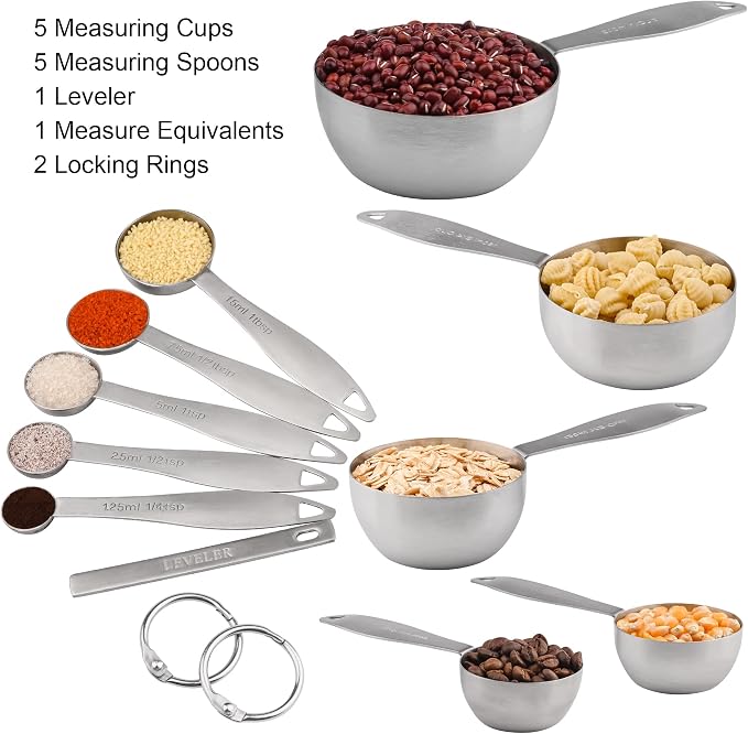 Measuring Cups and Spoons, 12 Piece Metric & US 18/8 Stainless Steel Measuring Cup and Spoon Set, Dry Metal Measuring Cups Spoons & Leveler & Measure Equivalents for Kitchen & Baking