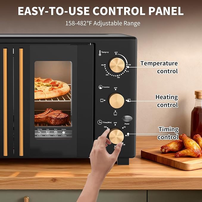 VBGK French Door electric Knob Oven, 35 QT Extra Large Oven,18-Slice Convection Oven3-Control Knobs, Bake Broil Toast Grilled Meat Keep Warm, black Metal,Equipped with a tray and a rack.