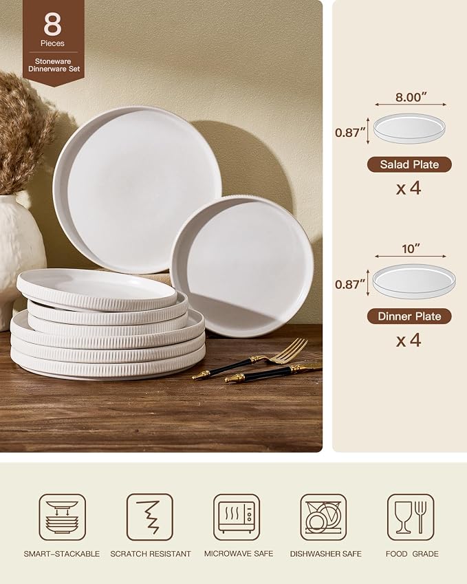 Ceramic Dinnerware Sets for 4, 8-Piece Flat Dinner Plates and Salad Plates | Famiware Premium Stoneware Dishes, Chip & Scratch Resistant, Microwave & Dishwasher Safe, Everyday & Serving Use, Matte White