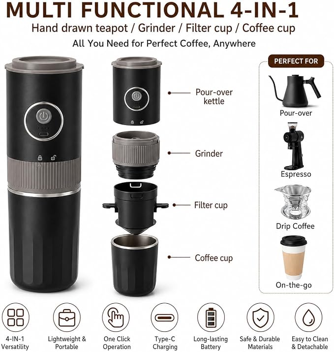 Portable Electric Coffee Grinder and Brewing Kit, Black | Rechargeable, Conical Burr Mini Grinder, 32g Capacity, Includes Filter & Coffee Cup
