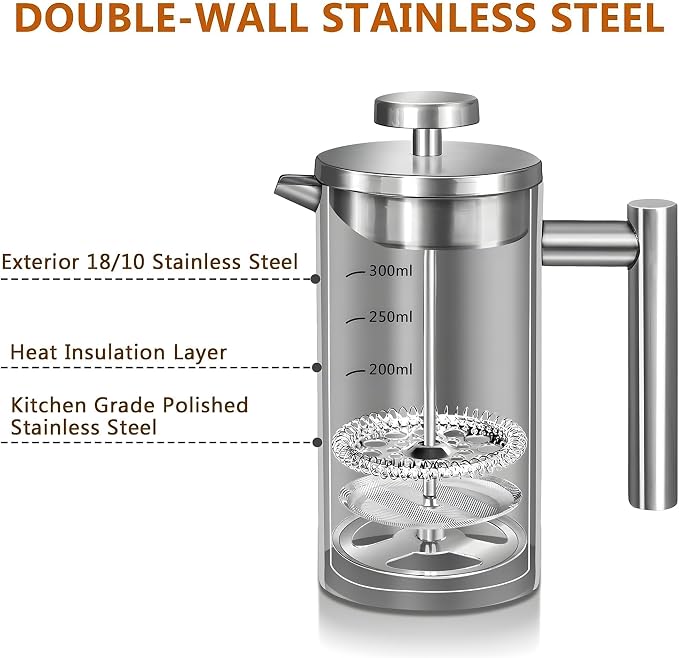 Small French Press Coffee Maker 1 Cup - 12oz/350ml Single Cup Metal French Press(1 Cup), Stainless Steel Double Wall Insulated Coffee & Tea Maker w/ 3 Extra Screens + 1 Spoon (Silver), Dishwasher Safe