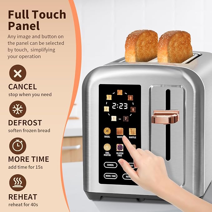 SEEDEEM Touchscreen Toaster 2 Slice, 7 Shade, Stainless, 1350W Silver Metallic