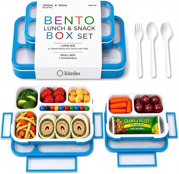 Bento-Box Lunch Box & Portion Control Snack Container Set, Leakproof Lunch-Boxes, Containers for School Meal Prep, Kids Boys Girls Adults, BPA Free, Utensils, Blue Large and MINI 2 pack