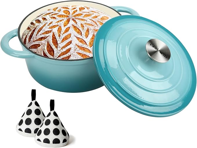 Cast Iron Dutch Oven, 3 QT Round Dutch Oven Pot with Self Basting Lid for Home Baking, Braiser, Cooking, Great Christmas Gifts for Family,Teal