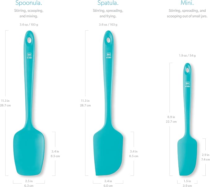 DI ORO Silicone Spatula Set - 600F Heat Resistant, 3-Pc Teal | Rubber scraper won't scratch nonstick pans; For baking, cooking, mixing, and frosting; BPA-free and dishwasher safe