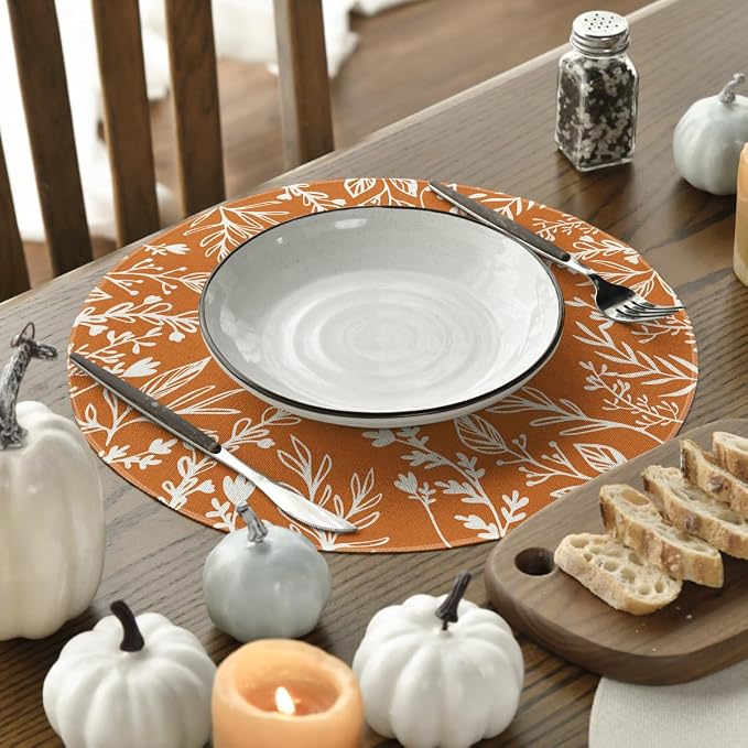 Artoid Mode Eucalyptus Leaves Round Fall Placemats Set of 6-14 Inch | Heat-Resistant, Washable Table Mats, Seasonal Autumn Kitchen Dining Decor