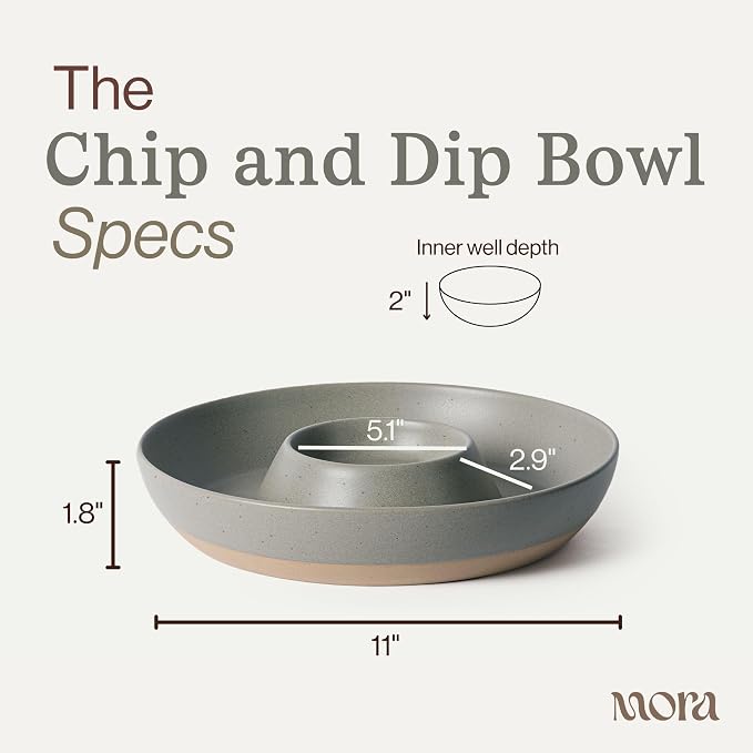 Mora Ceramic Chips and Dip Serving Tray: Large Divided Party Bowl Set for Chips & Salsa, Veggies & Dip, Fruit, Snacks, Entertaining, Hosting, etc. Minimalist Design for the Modern Hostess - Peppercorn