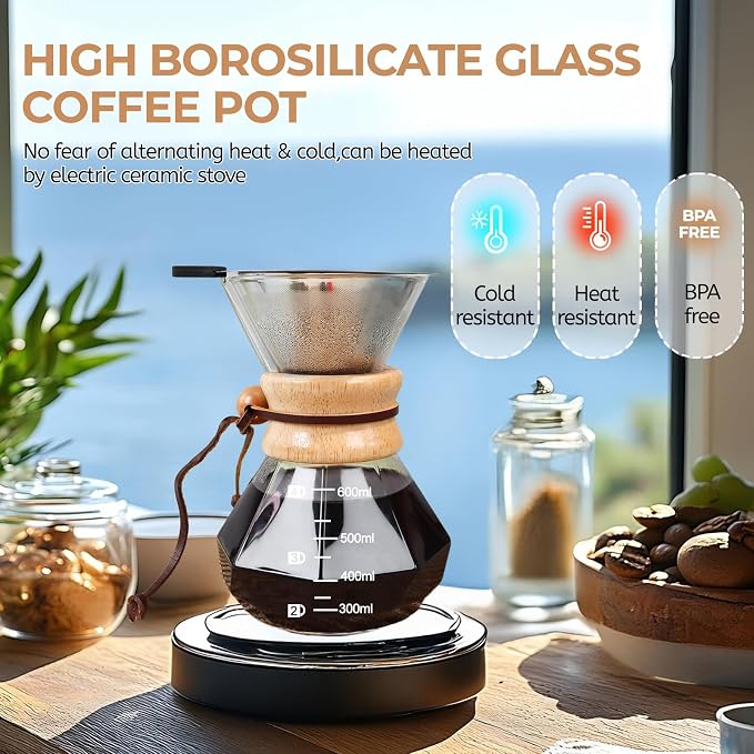 Pour Over Coffee Maker 600ml with 304 Stainless Steel Filter Wooden Collar Holder Borosilicate Glass Drip Coffeemaker Server Set Clear Hand Brew Dripper Carafe for Home Camping Travel 20.3oz