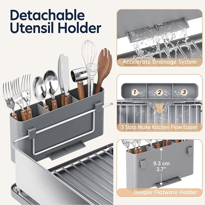 KINGRACK Stainless Steel Dish Drying Rack with Cup Holder for Counter, Grey | 16.9"L x 12.4" W Dish Rack with Spacious Drying Capacity, Quick Auto Dish Drainer for Plate Dish Dinnerware，Sliver