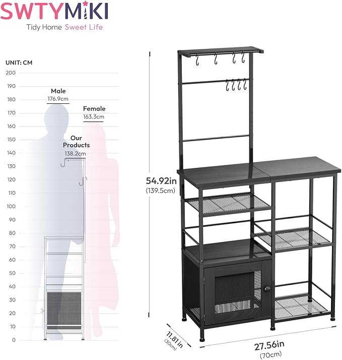 SWTYMIKI Bakers Rack with Storage - Coffee Bar Cabinet Organizer with 8 Hooks, Shelves & Cabinet Door, Coffee Station for Kitchen Dining Room, Microwave Stand with Adjustable Feet, Black