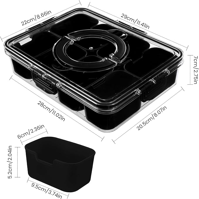 Dingerjar Divided Serving Tray with Lid and Handle - Snackle Box Charcuterie Container for Portable Snack Platters Organizer for Candy, Fruits, Nuts, Snacks - Perfect for Party, Entertaining, Black