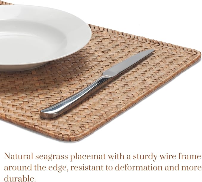 6 Pack Rectangular Woven Placemats, Rattan Wicker Table Mats, 17" x 12", Natural Seagrass Place Mats for Dining Table