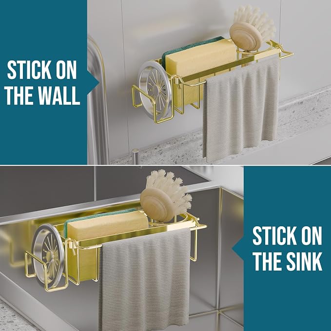TAILI 4-in-1 Sponge Holder for Kitchen Sink with Strong Suction Cup-Gold | Removable Rustproof 304 Stainless Steel Multi-compartment Sponge Holder with Suction Cup, Keeps Brushes & Scrubbers Tidy