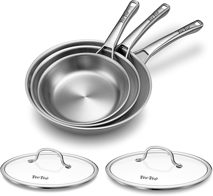 Stainless Steel Pans, Stainless Steel Cookware Set, 8/10/12 Inch with Lid, PFOA & PTFE Free Skillets, Non Toxic Chef's Pan Set, Frying Pans for Cooking, Oven & Dishwasher Safe, Induction Compatible