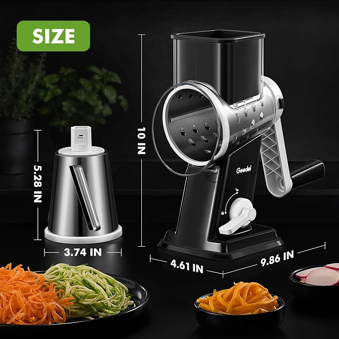 Geedel Upgraded Rotary Cheese Grater Hand Crank, Vegetable Shredder Slicer | 4 Blades, Stronger Suction Base, Wider Chute, 18x Faster Cutting, No BPA, Stainless Steel, for Cheese, Veggies, Nut
