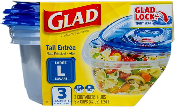 Glad GladWare Tall Entree Containers, Large Square, 42 Oz, 3 Count | Lock-tight seal for meal prep and lunches in a tall square format; microwave and dishwasher safe