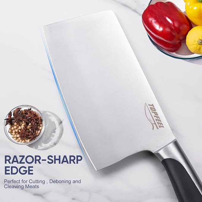 Topfeel 3PCS Butcher Knife Set,German High Carbon Steel Meat Cleaver | Includes 7" heavy-duty bone chopper, 7" Santoku and 5" utility knife with ergonomic ABS handles and gift box
