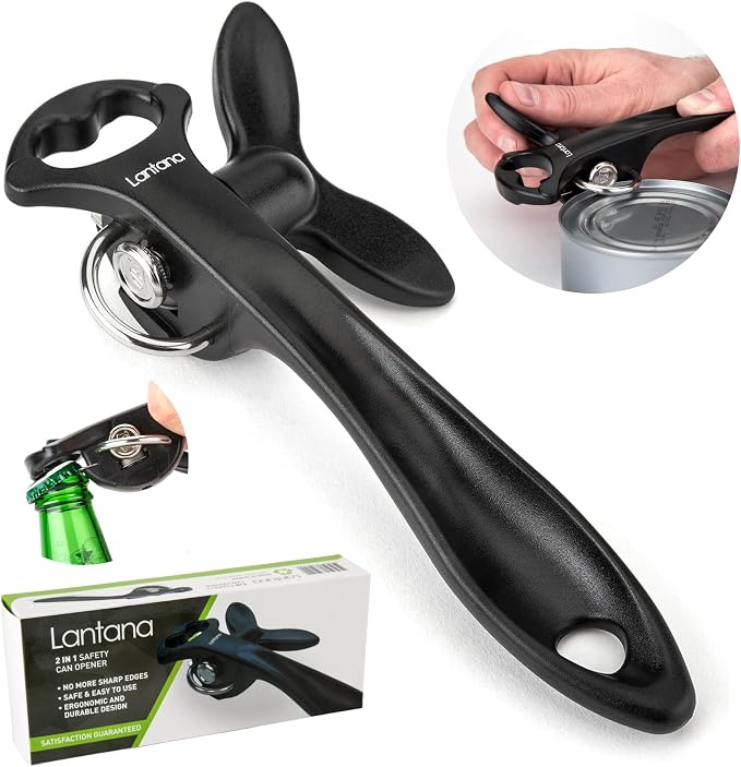 Lantana Can Opener (Smooth Edge/Safety), Handheld Manual, Bottle Cap Lifter | No sharp edges, smooth edge safety cutting, lid fits back onto can, easy grip handle, lightweight and easy to use