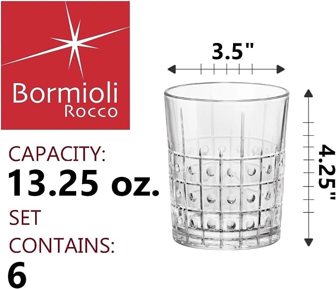 Bormioli Rocco Bartender Este 13.25 oz. Double Old Fashioned DOF Drinking Glasses for Cold Drinks, Juices, and Cocktails, Clear, Set of 6
