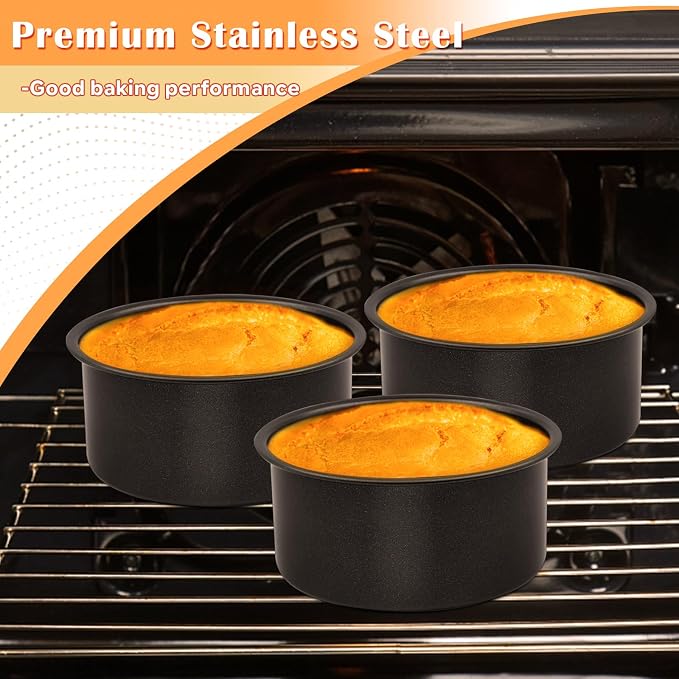 E-far 4 Inch Cake Pan, 3PCS Nonstick Stainless Steel Mini Round Cake Pans | Small Baking Tins for Smash Cakes/Cheesecake, Stainless Steel Core & Non-toxic Coating, Straight Side & 2 Inch Deep