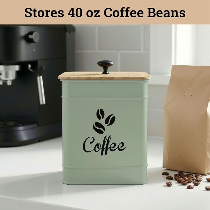 Airtight Coffee Canister 40 oz, 6"x 8" Metal Jar w/ Rubber-Lined Bamboo Lid | 40oz Large Iron, Airtight Coffee Container, Bamboo Lid, Stylish Countertop Container for Coffee Grounds, Beans, Pods & More