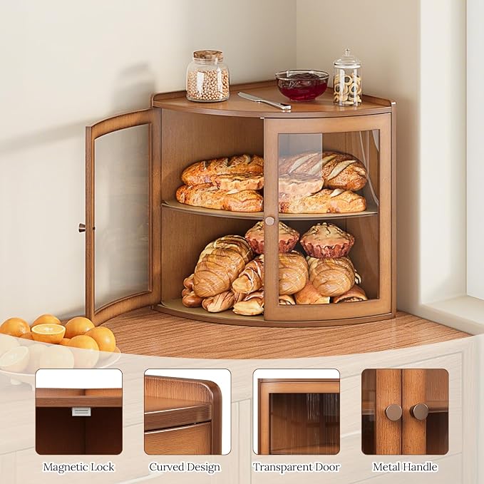 Trironsun Fan Shape Corner Bread Box for Kitchen Counter Double Layer Large Bread Storage Container with Acrylic Doors Farmhouse Wooden Bread Box Organizer for Homemade Bread (Brown)
